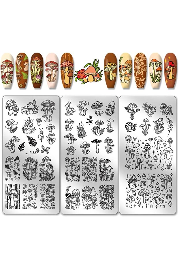AECH04-13186 3pcs Mushroom Nail Art Templates 46 Patterns Plant Theme Nail Stamping Plate Leaves Bus