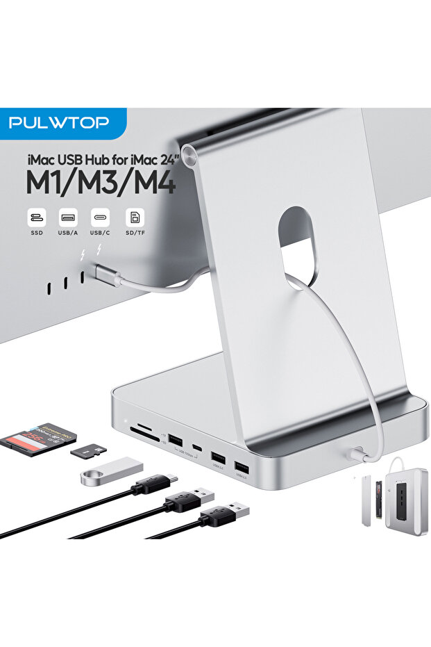 Silver PULWTOP USB C HUB for iMac 24 inch 2021/2023/2024, iMac Hub with USB C/A 10Gbps, SD/TF, Suppo