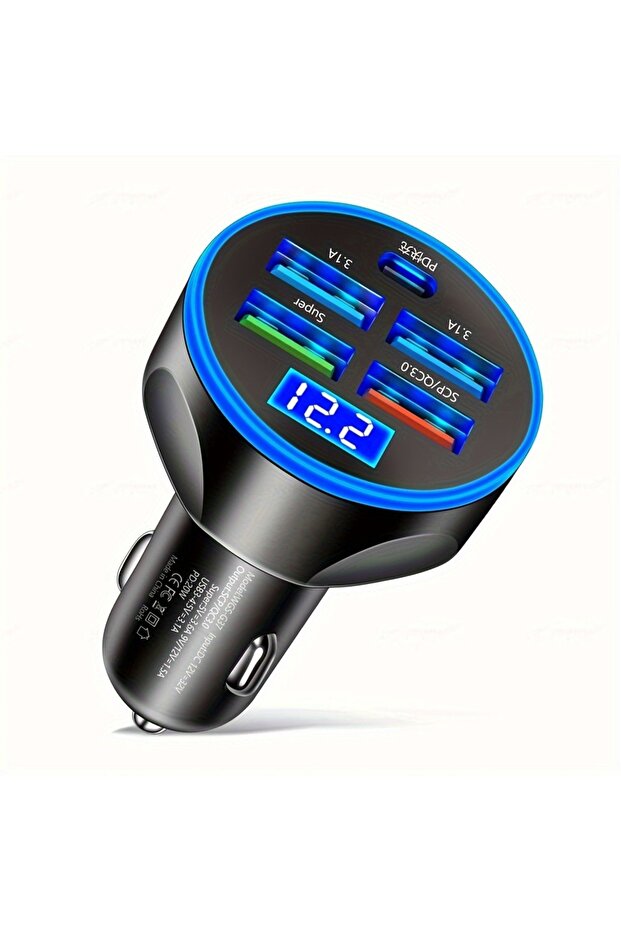 شاحن سيارة أسود فائق السرعة بمنفذ USB من النوع C، محول شحن 3.1 أمبير، شاشة رقمية، شاحن هاتف USB PD