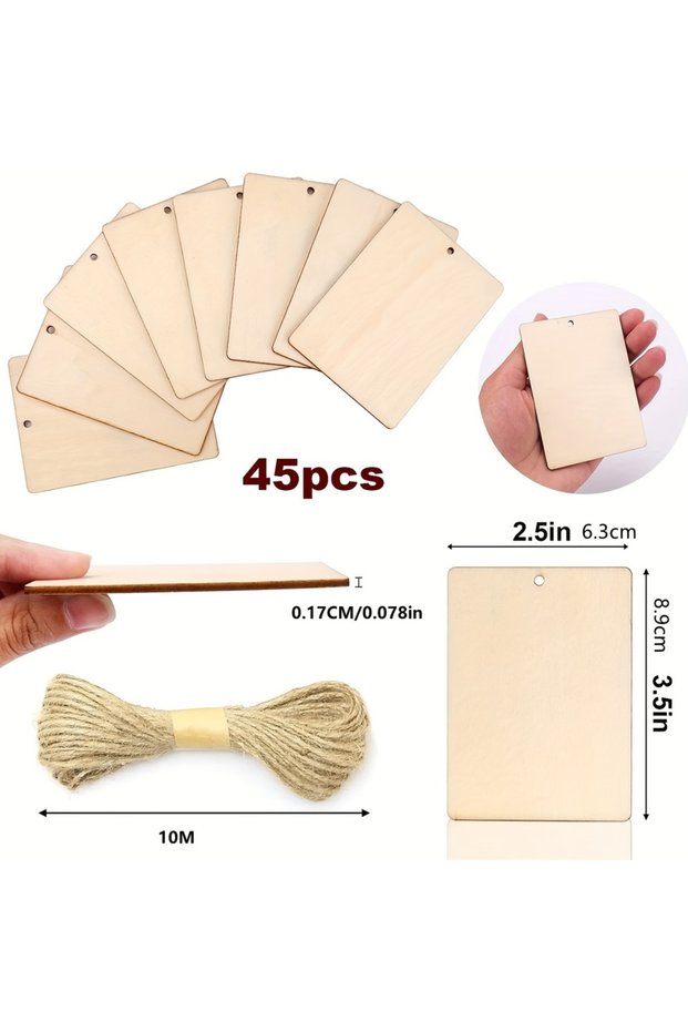 45Pcs 45Pcs 2.5 X 3.5 Inch Unfinished Wood Tags Ornaments Blank Square Wooden Slices with Jute Twine