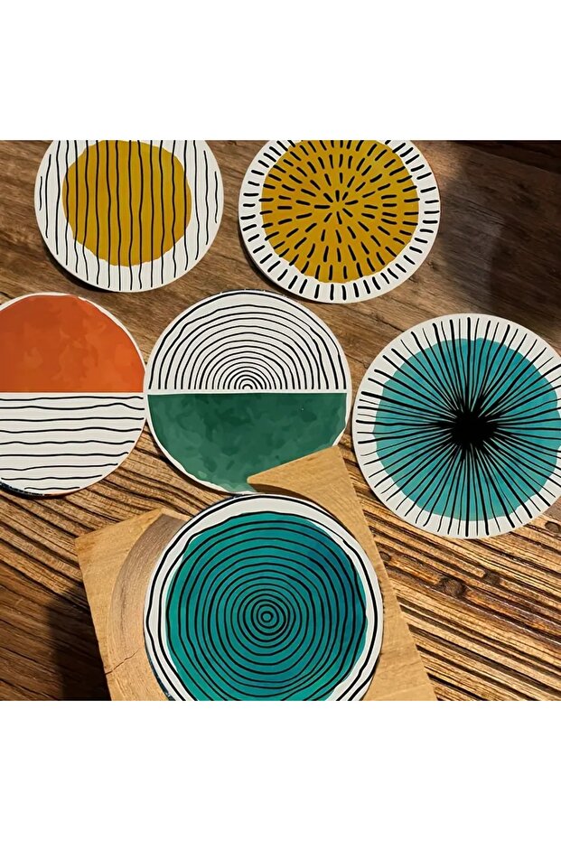 BD144 6 Pieces/Set of Circular Patterned Wooden Anti-Slip Coasters, Suitable for Home Offices and Th