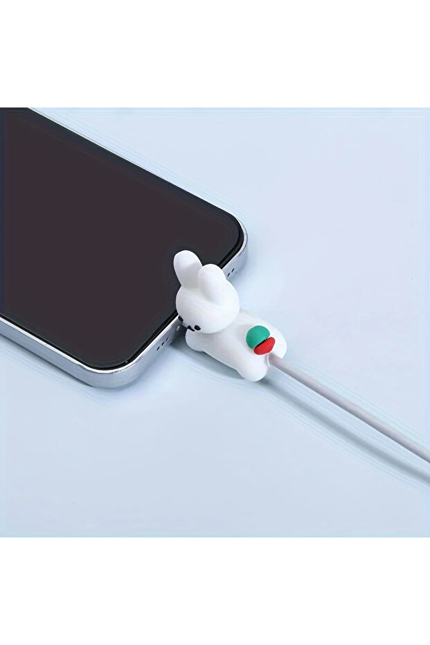 واقي كابلات USB لشحن iPhone على شكل أرنب كرتوني لطيف باللون الأبيض ومنظم كابلات الشحن مضاد للكسر من كاواي