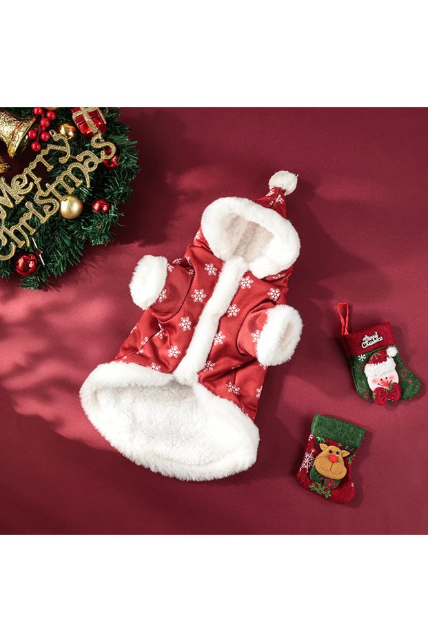 M Red Pet Christmas Clothes Winter Plush And Thick Classic Christmas Snowflakes Dog Plush Jumpsuit