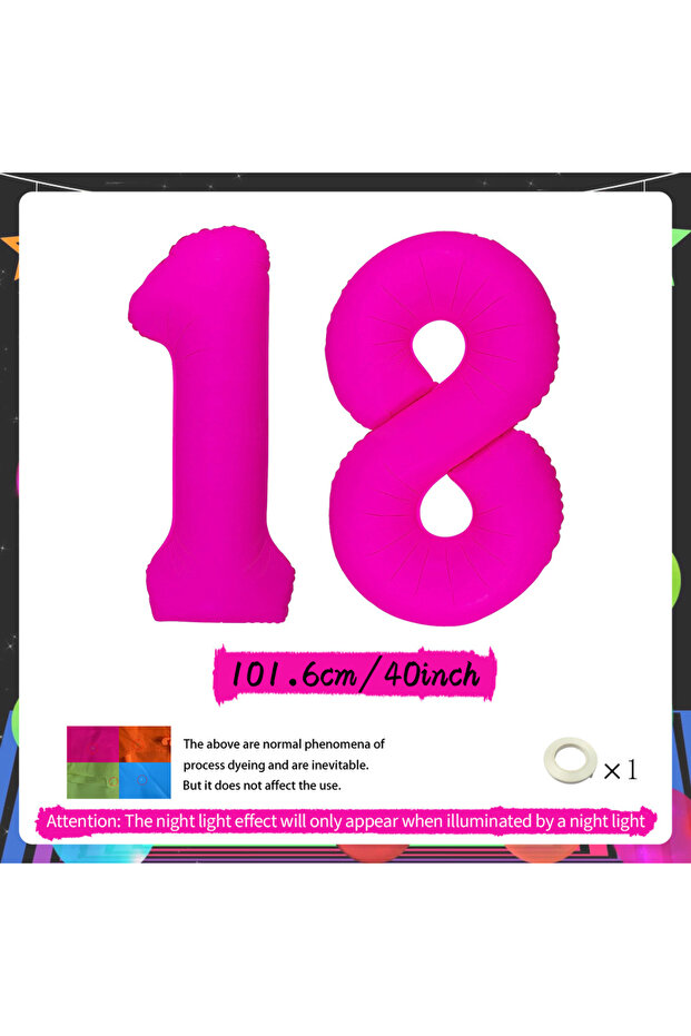 40inch 18 Fluorescent Rose Red Digital Balloon Glowing Party Balloon Used for 18th, 20th, 30th, 40th