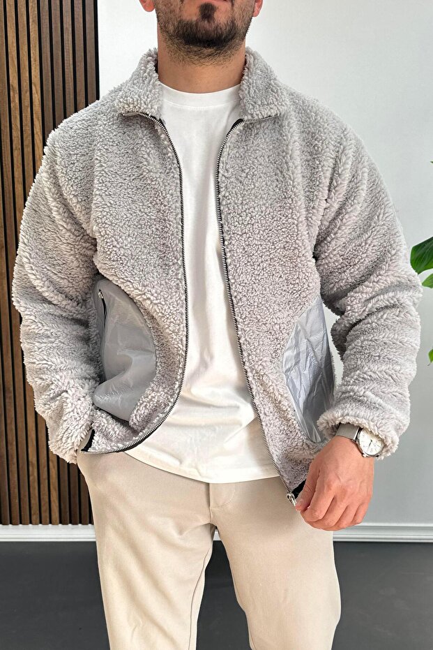 Men's Pocket Detailed Plush Cardigan Gray Edw432