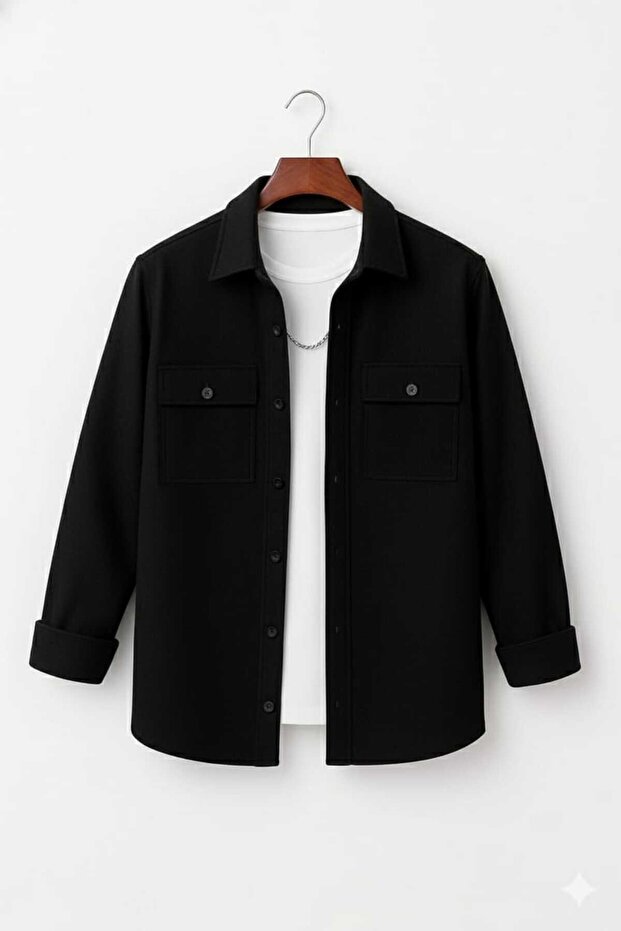 Wide-Style Textured Thick Jacket Looking Double-Pocketed Shirt with a Covered Collar