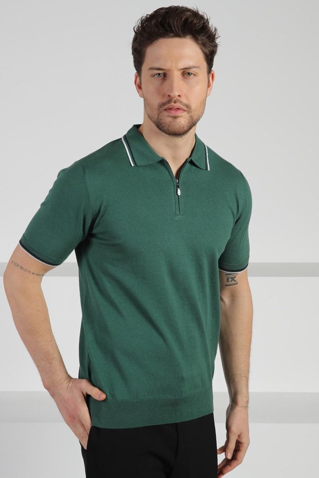 Green Polo Neck Zippered Men's Cotton Knitwear T-Shirt
