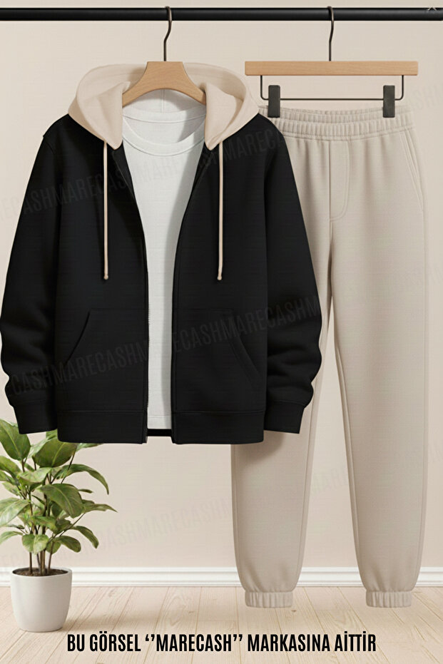 Unisex Beige Hooded Black Cardigan (Beige Tracksuit) Set Zippered Elastic 3 Thread Winter