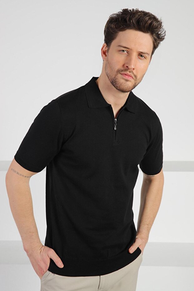 Black Polo Neck Zippered Men's Cotton Knit T-Shirt