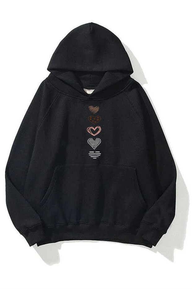 سويت شيرت للجنسين Heart مطبوع Black بغطاء رأس Kangaroo Pocket