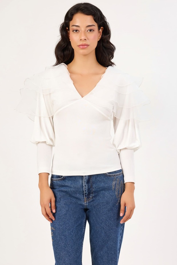 Organze detaylı örme bluz - 1