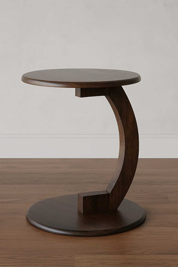 SKY-TOUCH Round C-Shaped End Table, Metal Frame, Walnut (40x40x60cm) - 2