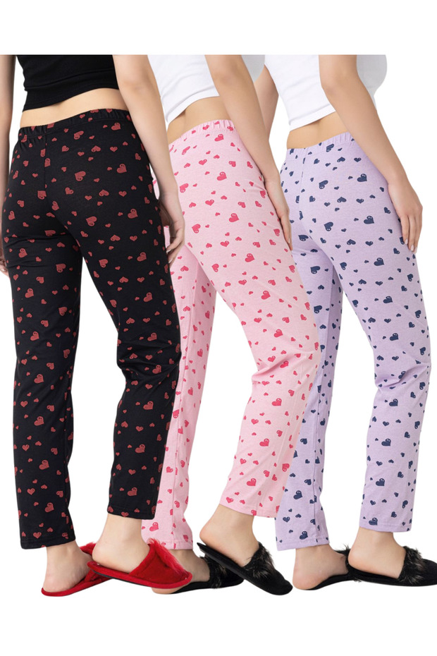 3-Pack Cotton Thin Breathable Fabric Ribbon Waist Detail Printed Pocketless Women's Pajama Bottoms