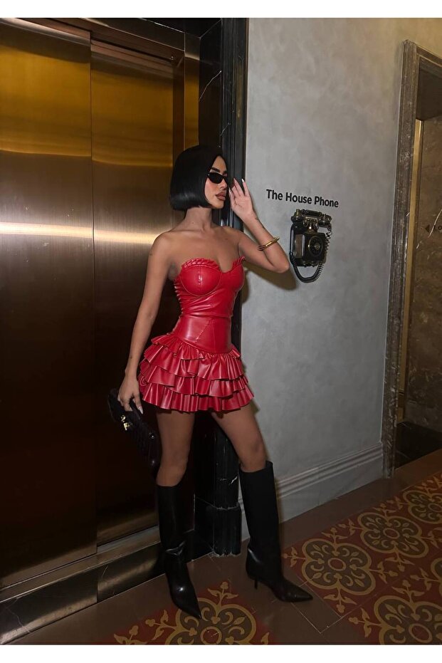 Straplez Mini Deri Elbise - 1