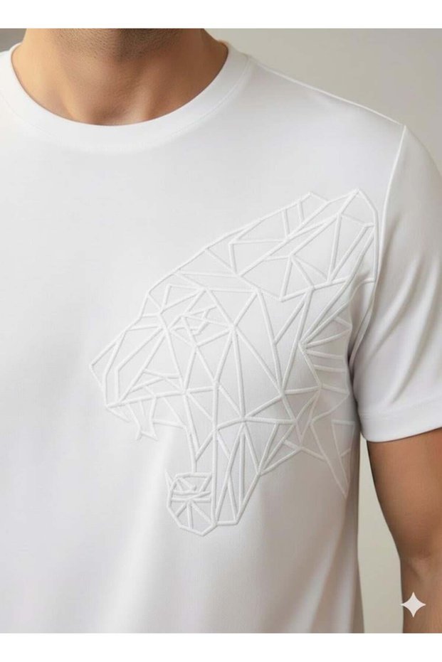Men's White Seersucker Printed Geometric Tiger T-Shirt | Full Fit Crew Neck T-Shirt