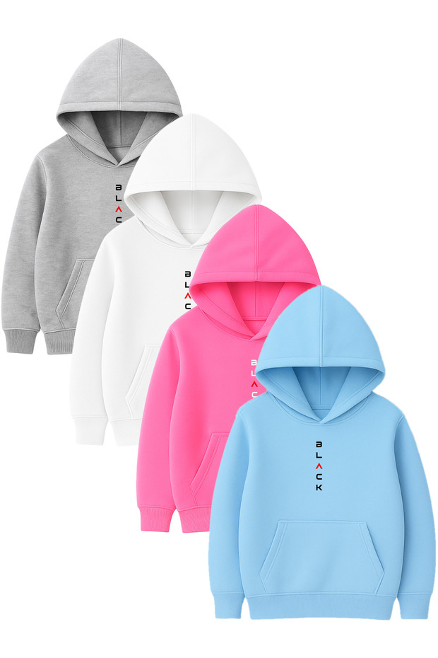 4-Piece Unisex Hooded Hoodie Set – Black Printed Kangaroo Pocket Sweatshirt