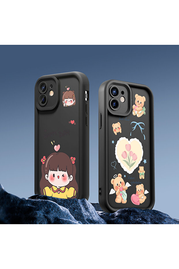 iPhone 15 Compatible Shockproof Cute Patterned Black Silicone Case - 8