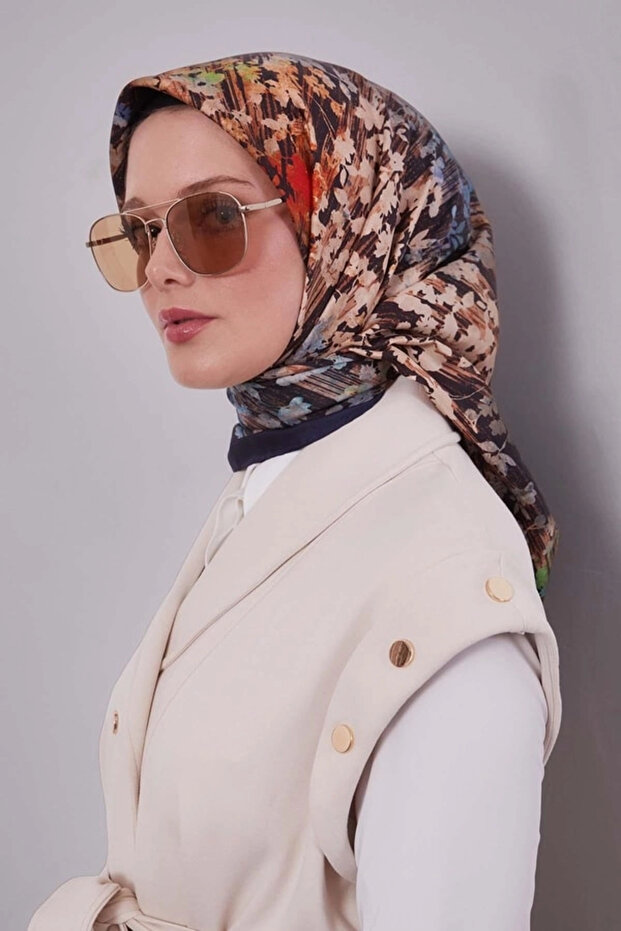 وشاح حريري بنمط تجريدي مزين بالزهور - أزرق داكن