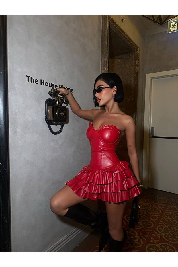 Straplez Mini Deri Elbise - 3