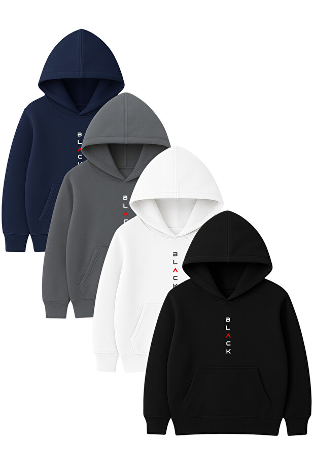4-Piece Unisex Hooded Hoodie Set – Black Printed Kangaroo Pocket Sweatshirt