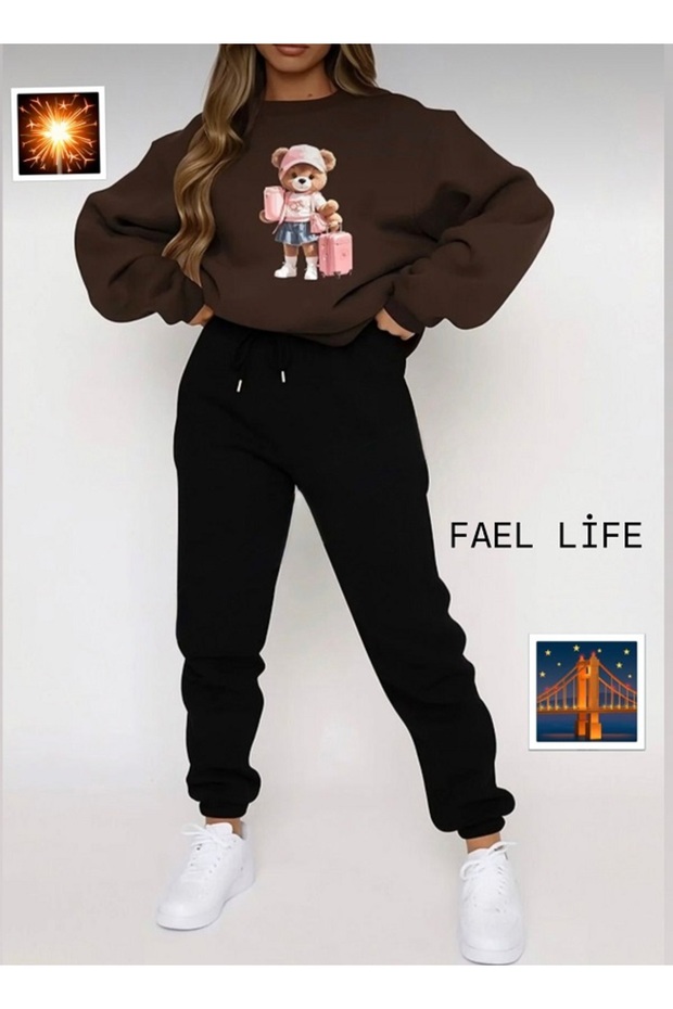 Women/Girls Loose Fitting Zero-Necklace Sweatshirt Set with Bag Bear Printed