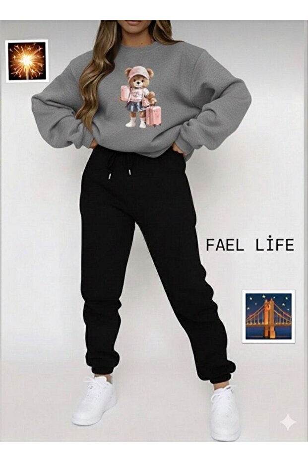 Women/Girls Loose Fitting Zero-Necklace Sweatshirt Set with Bag Bear Printed