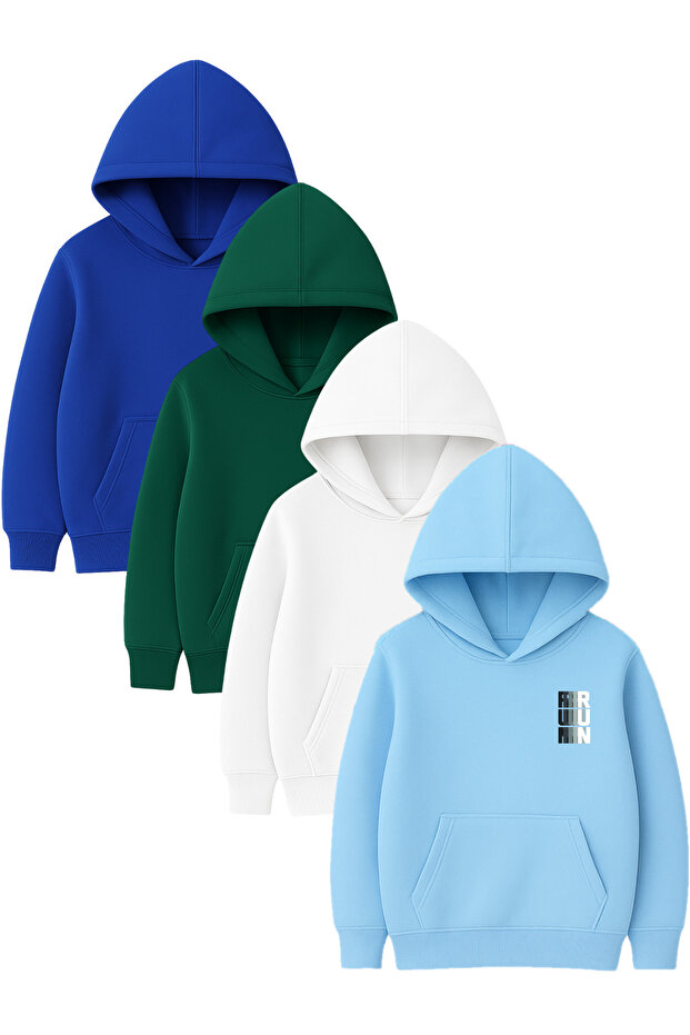 4-Piece Unisex Hooded Hoodie Set – Run Printed Kangaroo Pocket Sweatshirt