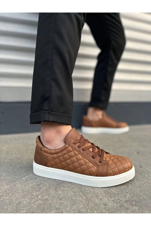Jy166 Prestige Lace-Up Leather Quilted Patterned Men's Casual Sneaker Shoes Cbt - Tan