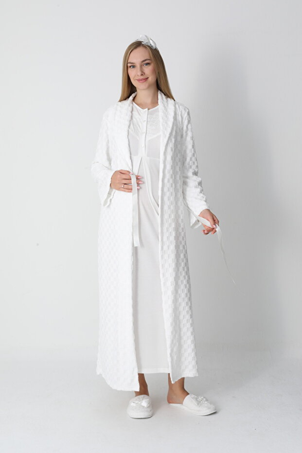 Lace Breastfeeding-Friendly Maternity Nightgown and Checkered Jacquard Dressing Gown Set - Viscose Cotton