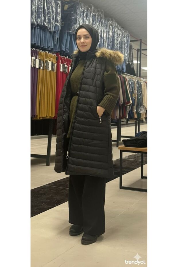 Women's Shearling Hooded Long Puffer Vest – Winter Lined, Zippered, with Pockets