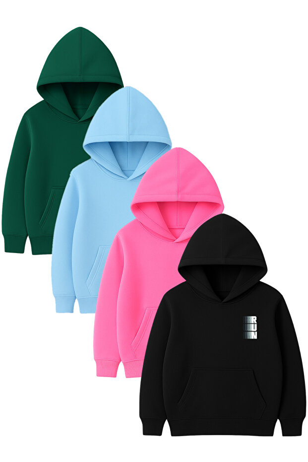 4-Piece Unisex Hooded Hoodie Set – Run Printed Kangaroo Pocket Sweatshirt