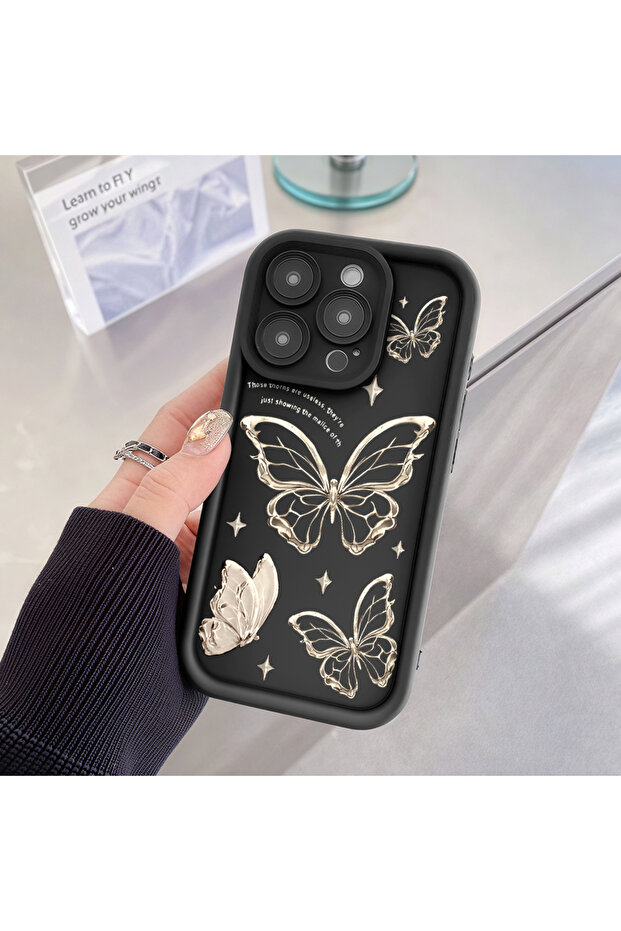 جراب متين مقاوم للصدمات بنمط الفراشة من السيليكون الأسود عالي الجودة متوافق مع آيفون 16 - 4