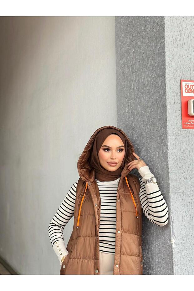 Kadın Taba Kapüşonlu Kapitone Yelek - 2