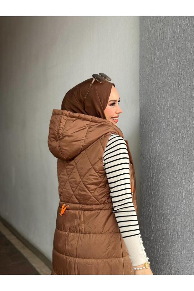 Kadın Taba Kapüşonlu Kapitone Yelek - 4