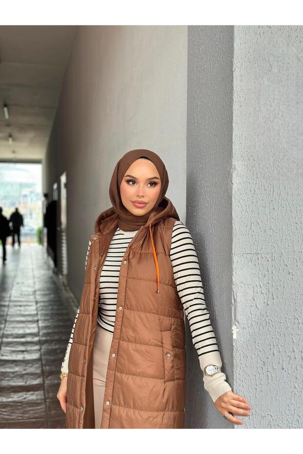 Kadın Taba Kapüşonlu Kapitone Yelek - 5