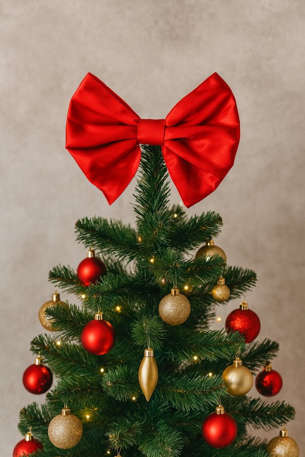 Red Satin Bow Pine Tree Topper Treetop Ornament – Christmas Wreath Top Decorative Door Accessory