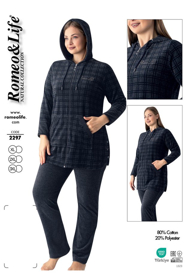Women's Plus Size Cotton Hooded Velvet Tracksuit Set / Navy Blue 2297