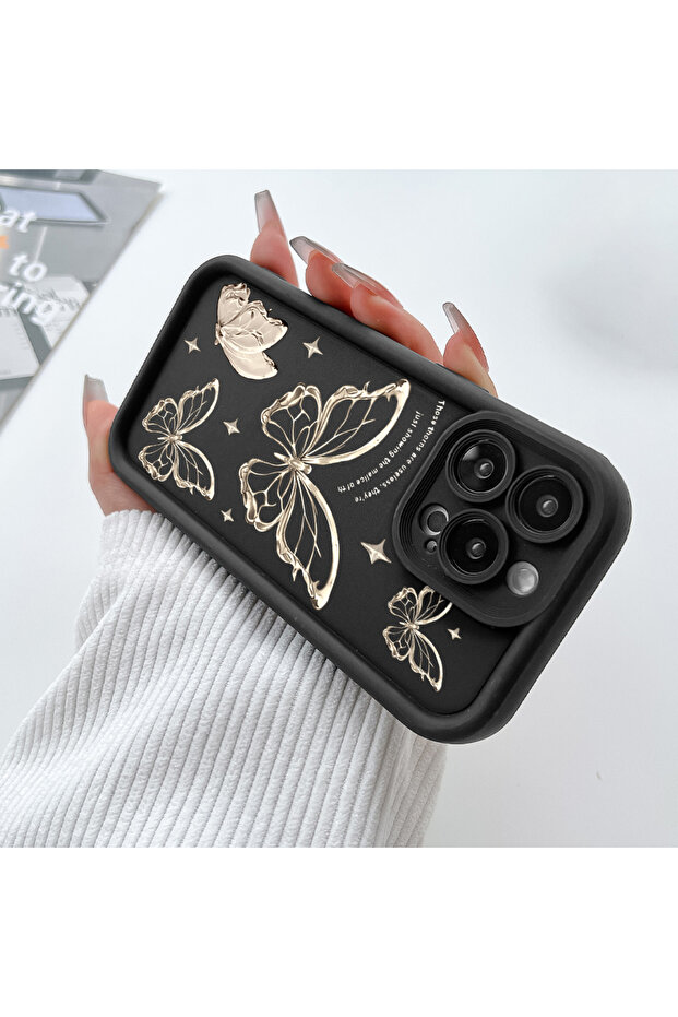 جراب متين مقاوم للصدمات بنمط الفراشة من السيليكون الأسود عالي الجودة متوافق مع آيفون 16 - 5