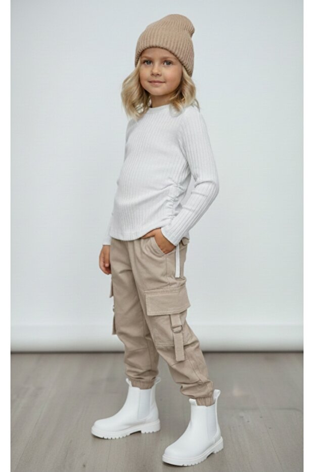 Girl's Fitil Badi Cargo Pocket Piece Linen Trousers Set with Elastic Waist and Elastic Legs
