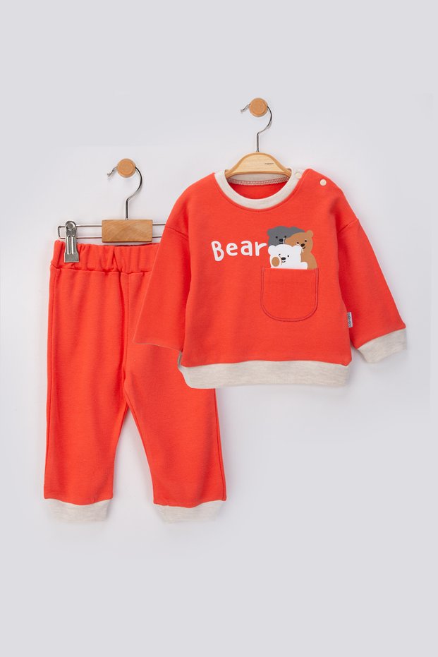 Combed Cotton Bear Printed Pocket Embroidered Detail Seasonal Pajama Set