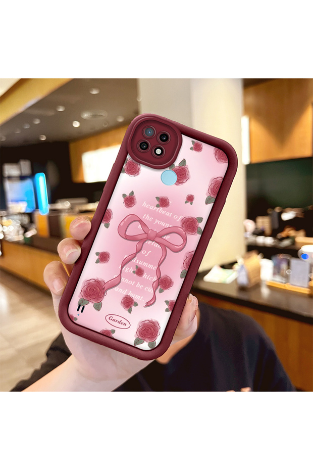 Realme C21 Compatible Beautiful Rose Patterned Burgundy Silicone Impact Protection Case