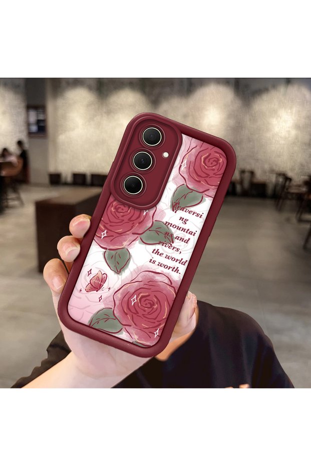 Beautiful Rose Pattern Burgundy Silicone Shock Protection Case Compatible with Samsung Galaxy A35
