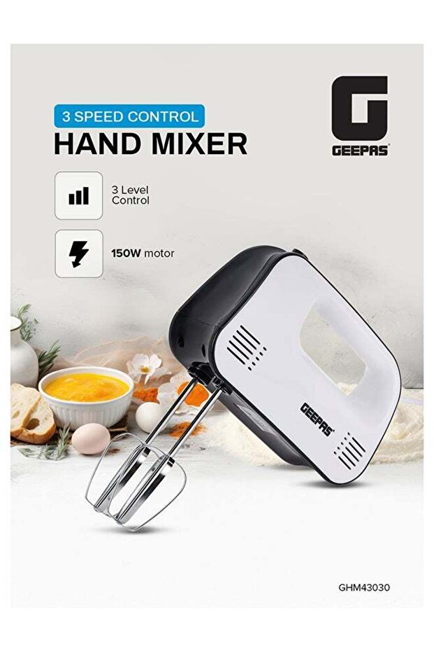 خلاط يدوي - GHM43030، 150 واط، 3 سرعات، 2 مضرب و2 خطاف (أبيض)
