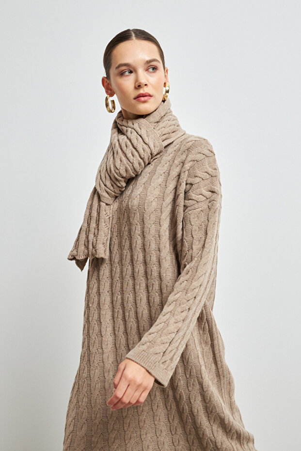 ATKI DETAYLI ÖRME TRİKO ELBİSE KREM - 4