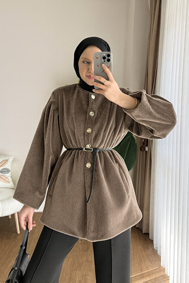 Women's Button Detailed Belted New Season Thai Feather Jacket - Chestnut