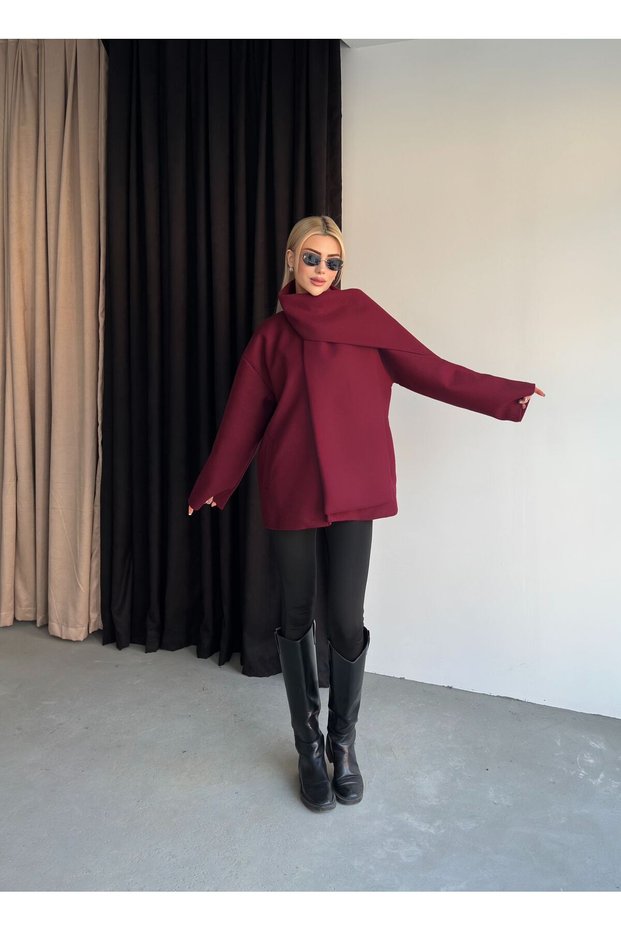 Women's Burgundy Shawl Detailed Cotton Textured Premium Cashmere Coat