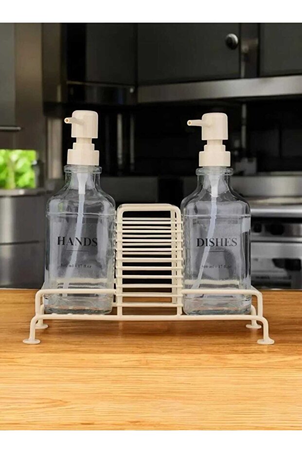 Liquid Soap Dispenser 2 Li Glass Soap Dispenser with Metal Stand and Wooden Handle