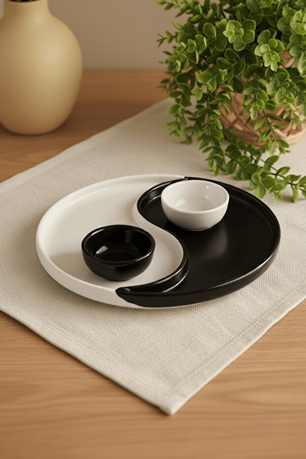 Special Design Set of 2 Black and White Ceramic Snack Sauce Breakfast Plate Presentation Set Mit1269