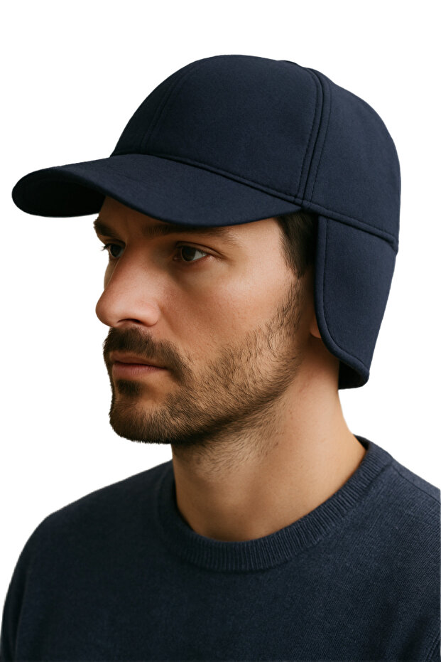 Men's Cashmere Winter Navy Blue Hat with Cold-Proof Ear Protection