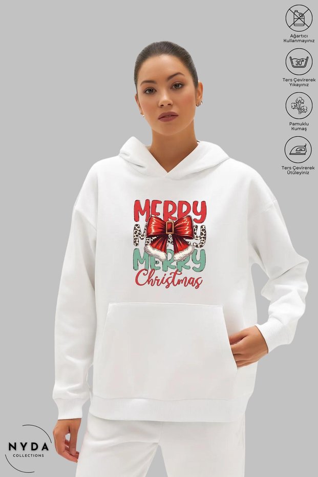 Unisex Hoodie Long Sleeve Bow Merry Christmas Printed Hooded Fleece-Lined Oversized Cotton Sweatshirt